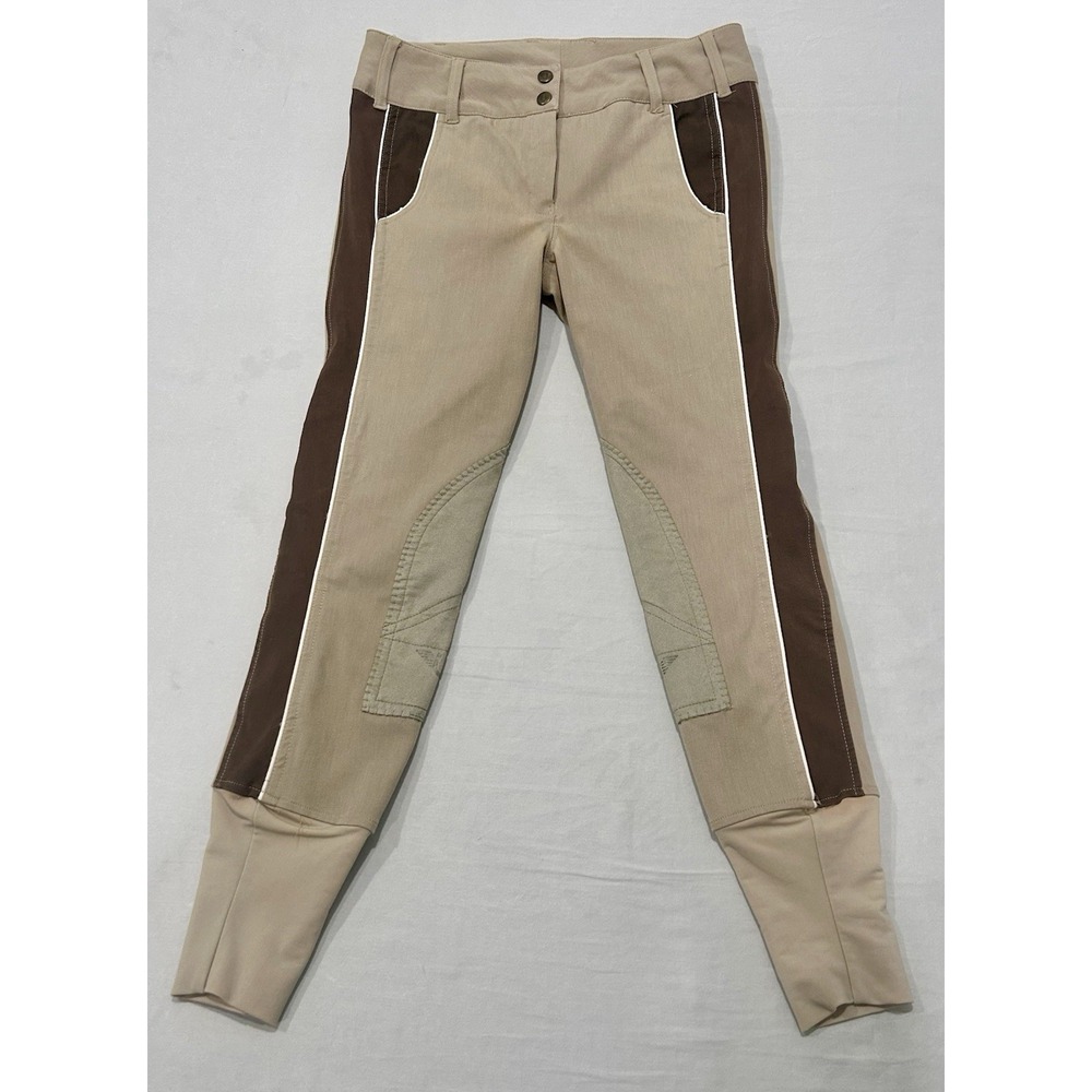 TuffRider Sport Knee Patch Riding Breeches Womens 28 Khaki and Brown Stretch